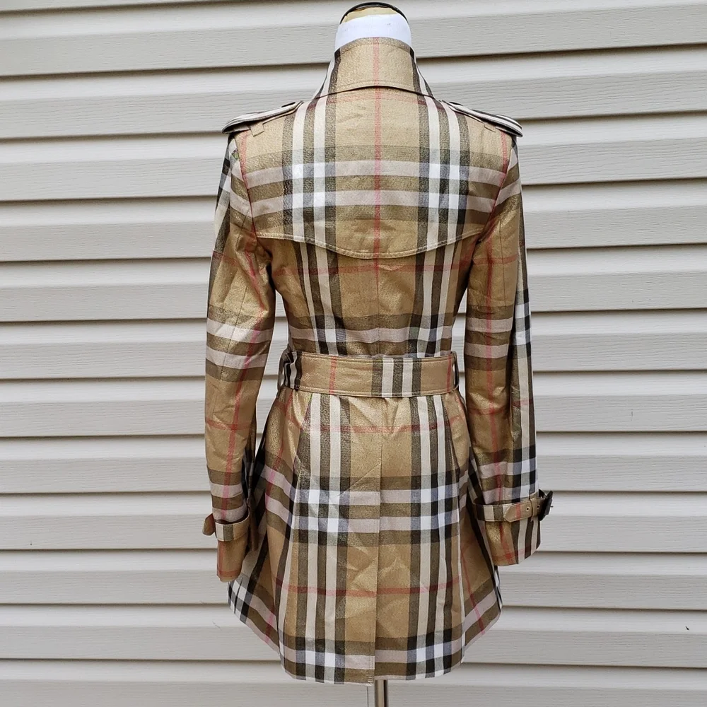 BURBERRY GOLD SHIMMER METALLIC CHECK PLAID TRENCH COAT - Picture 7 of 16